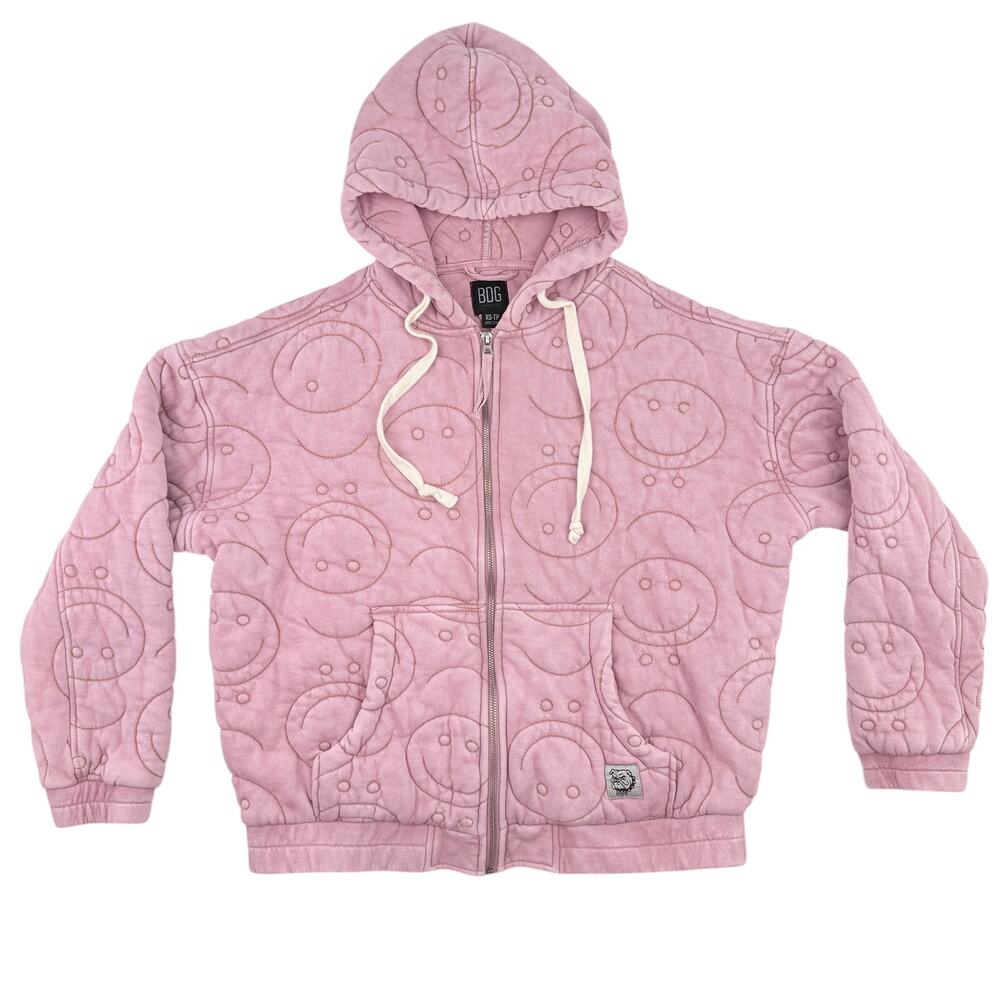 BDG Pink Quilted Zip Hoodie Jacket Smiley Face Cozy Casual Lounge Women's XS